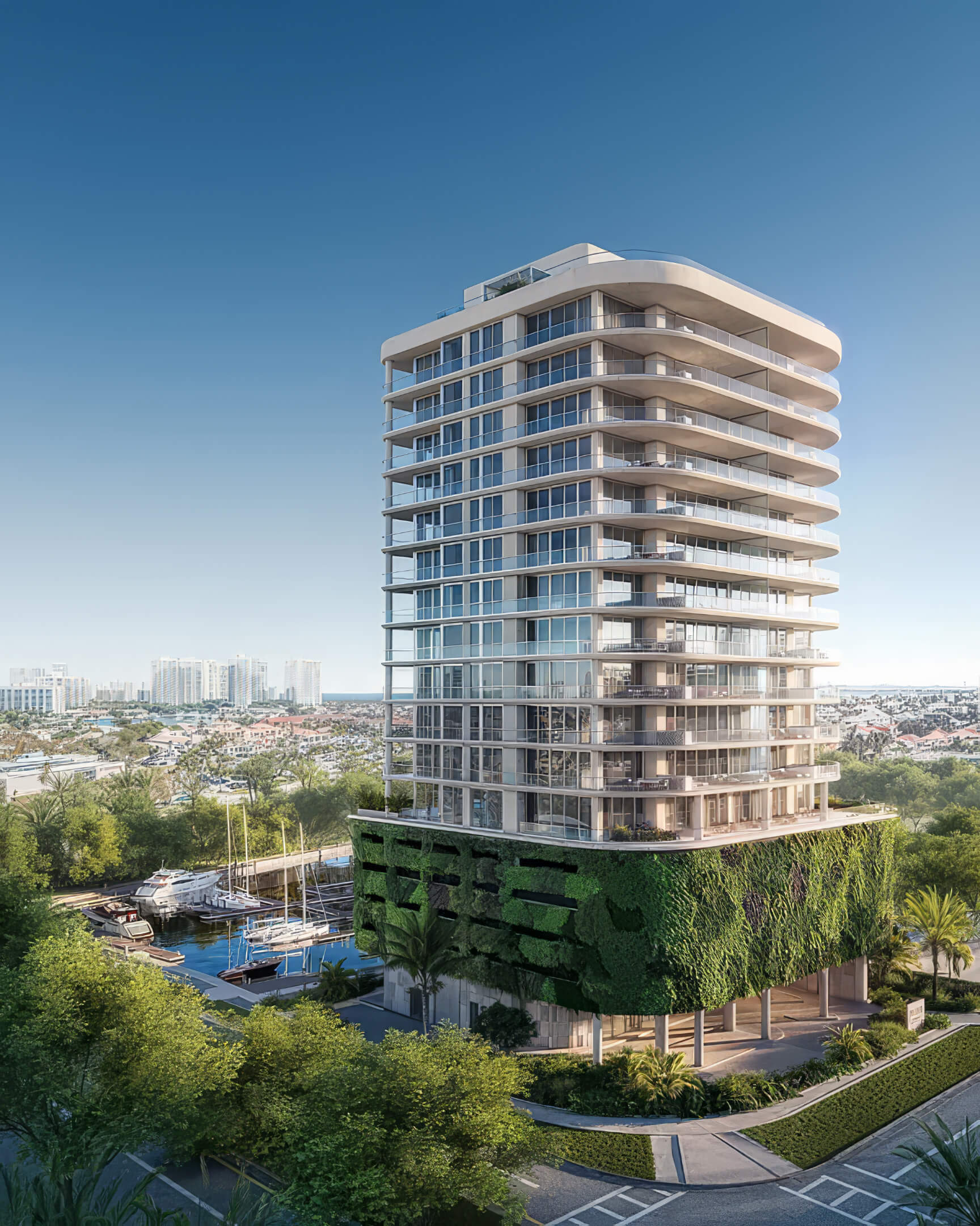 Luxury tower with marina views in Aventura, Avenia by Fendi Casa featuring modern glass balconies