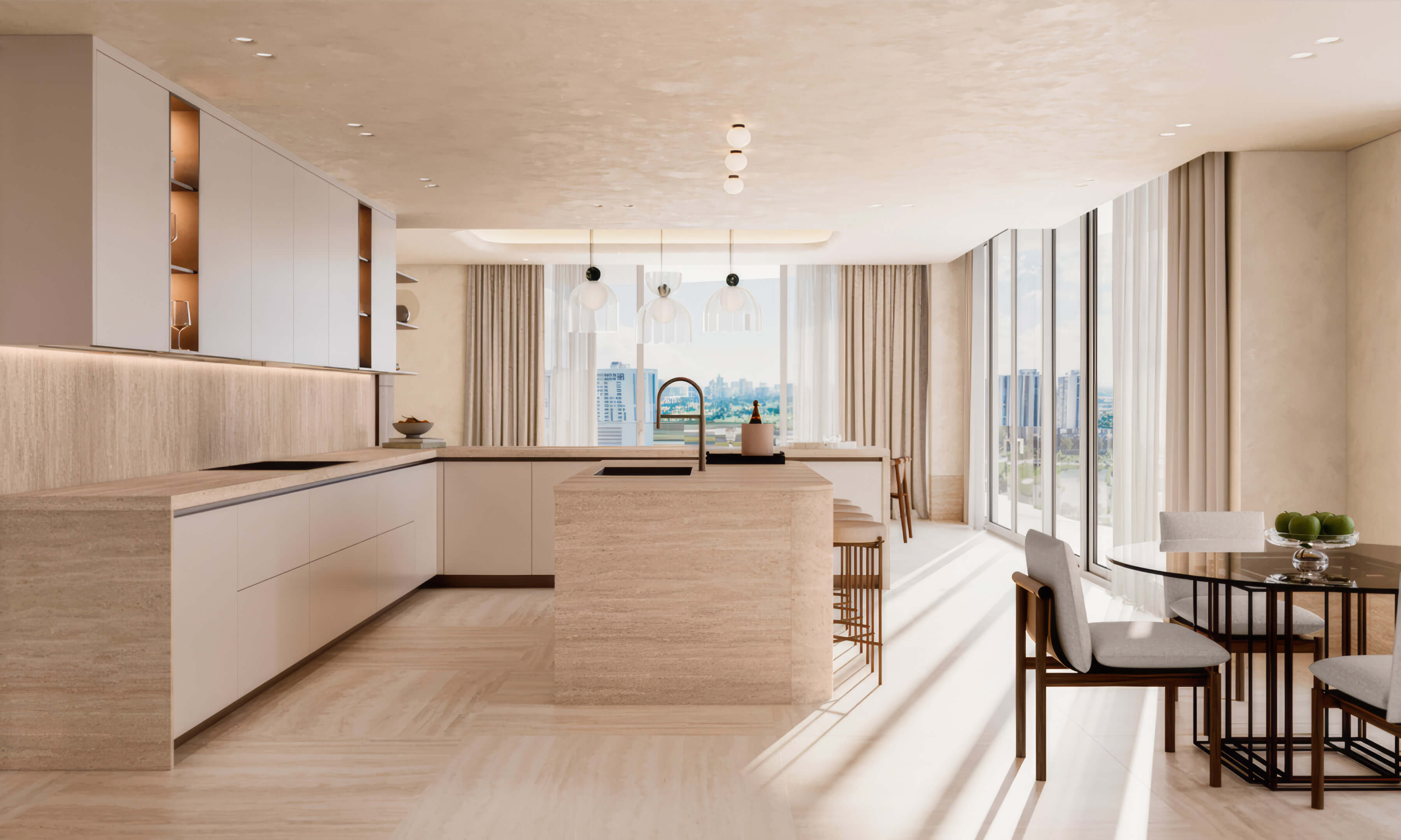 Modern kitchen with large island in Aventura at Avenia by Fendi Casa featuring sleek cabinetry and natural light