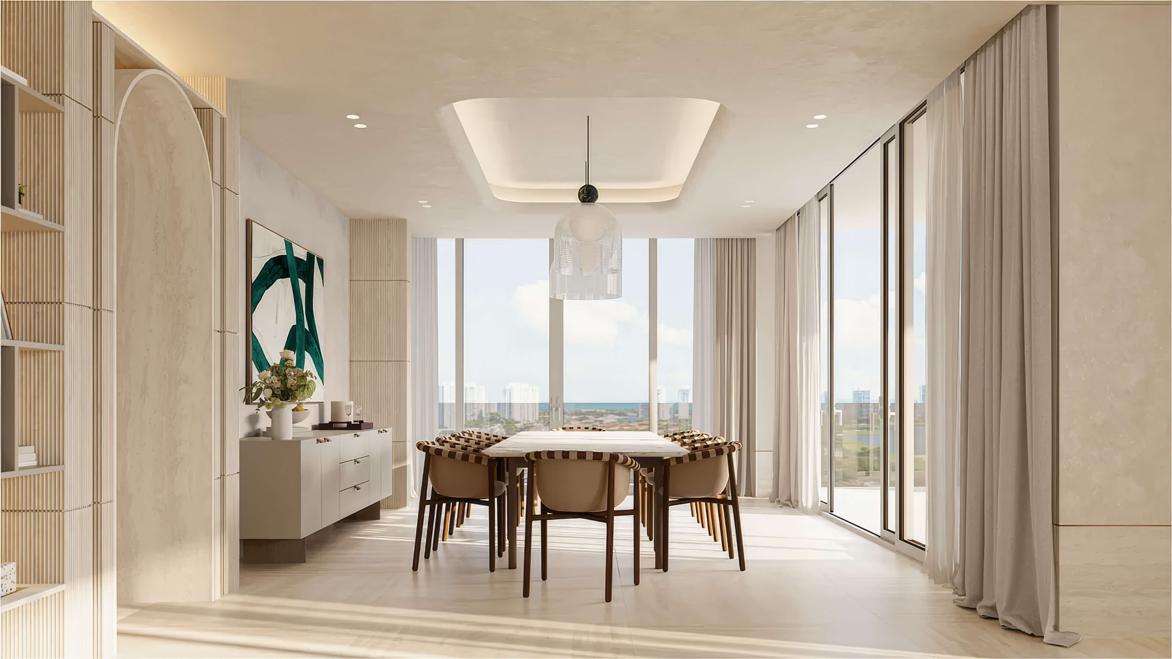 Dining room with floor-to-ceiling windows at Avenia by Fendi Casa showcasing bright modern finishes and views