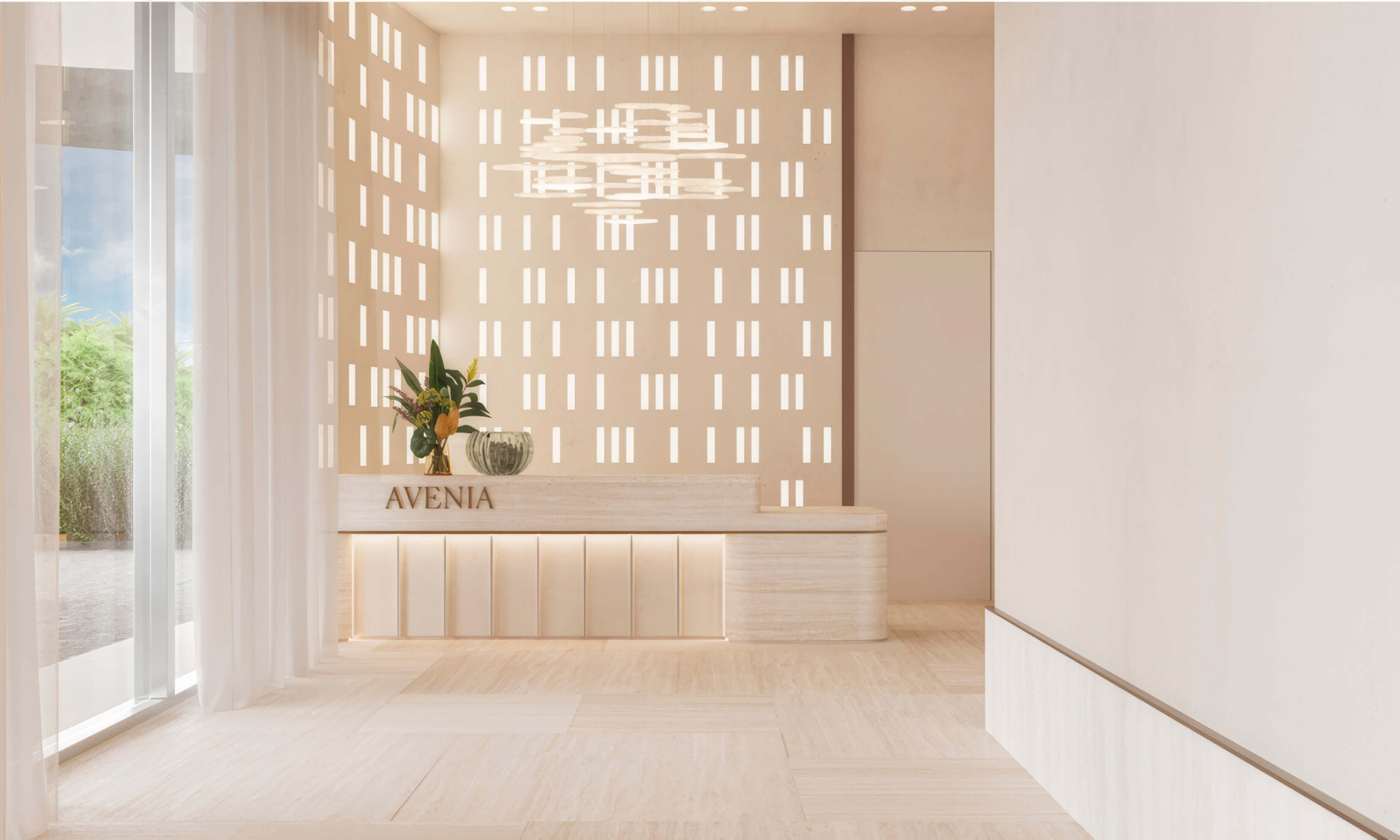 Elegant lobby reception desk rendering at Avenia by Fendi Casa with soft lighting and minimalist design