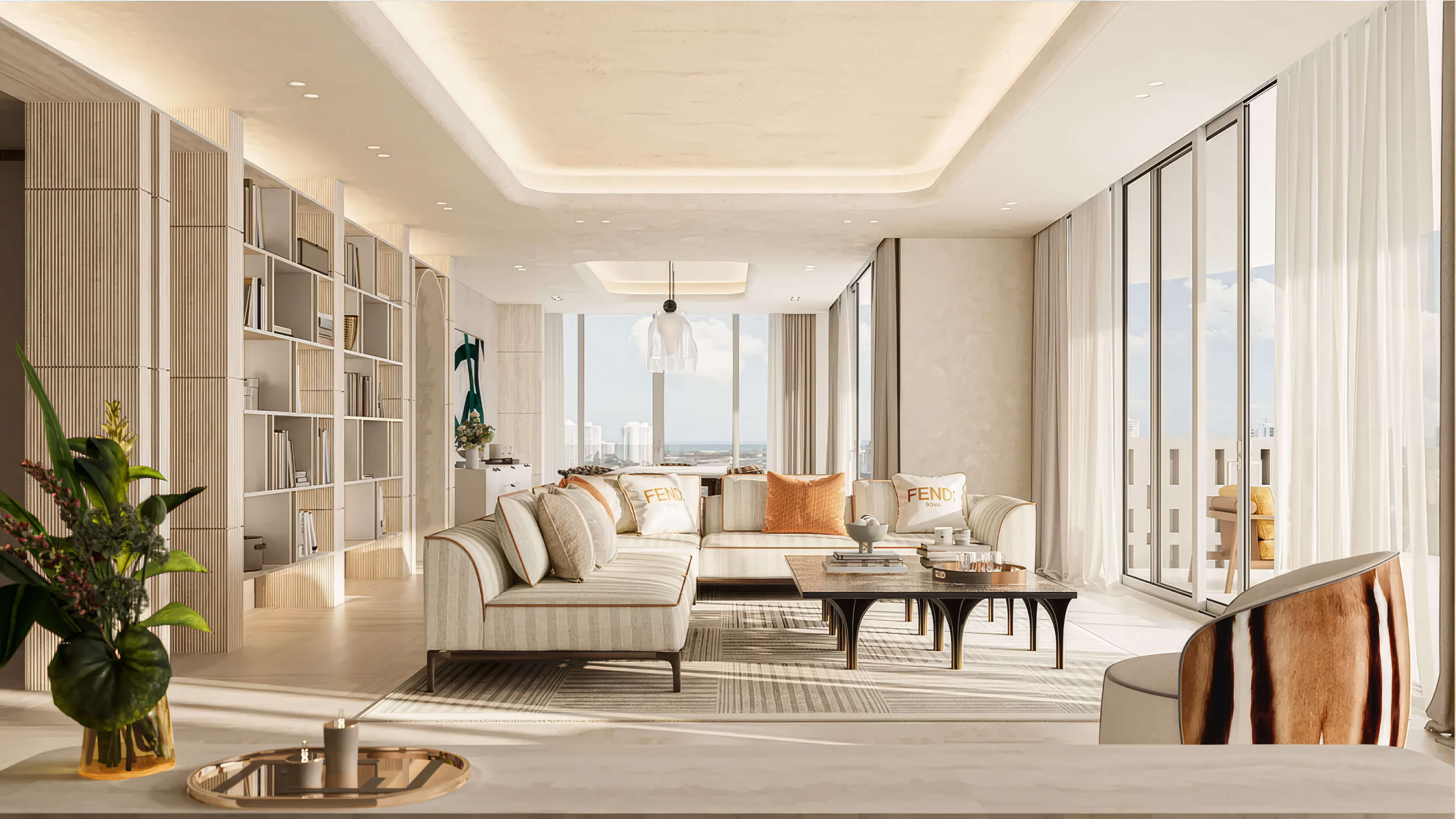 Luxury living room rendering at Avenia by Fendi Casa with panoramic windows, designer furniture, and bright interiors