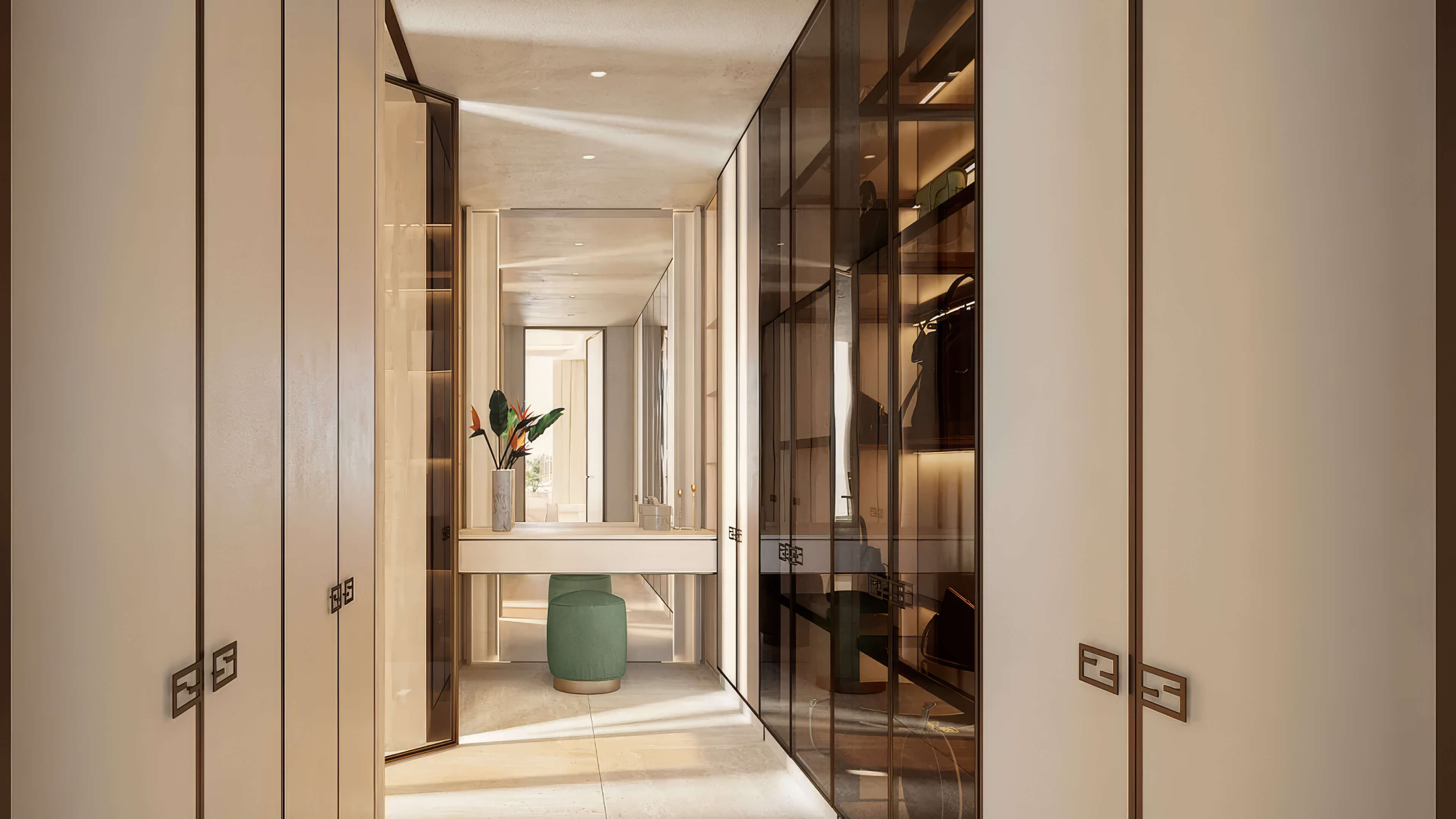 Luxury walk-in closet and vanity rendering at Avenia by Fendi Casa with glass wardrobes and warm lighting