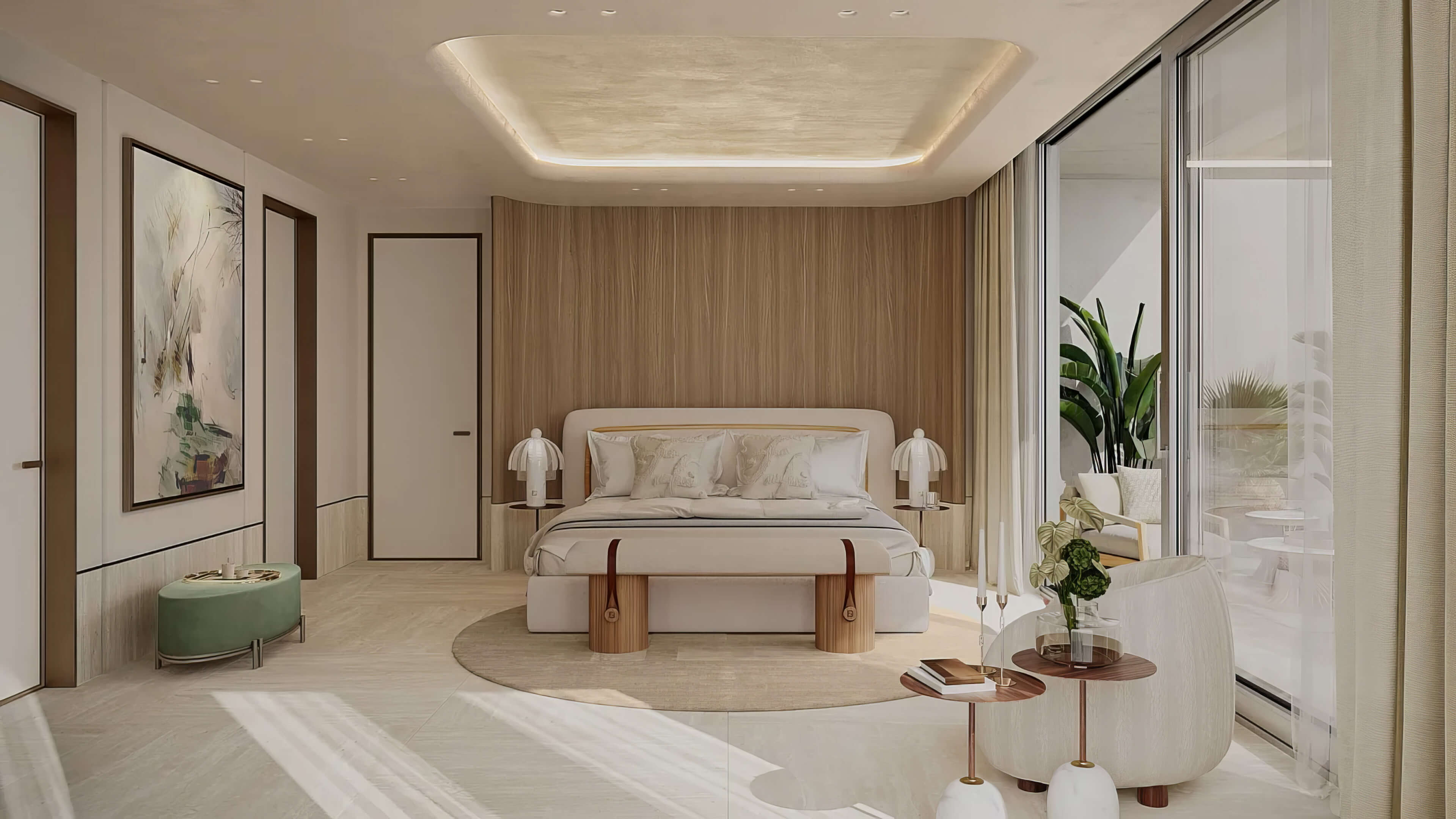 Primary bedroom suite rendering at Avenia by Fendi Casa with serene design, soft textures, and balcony access