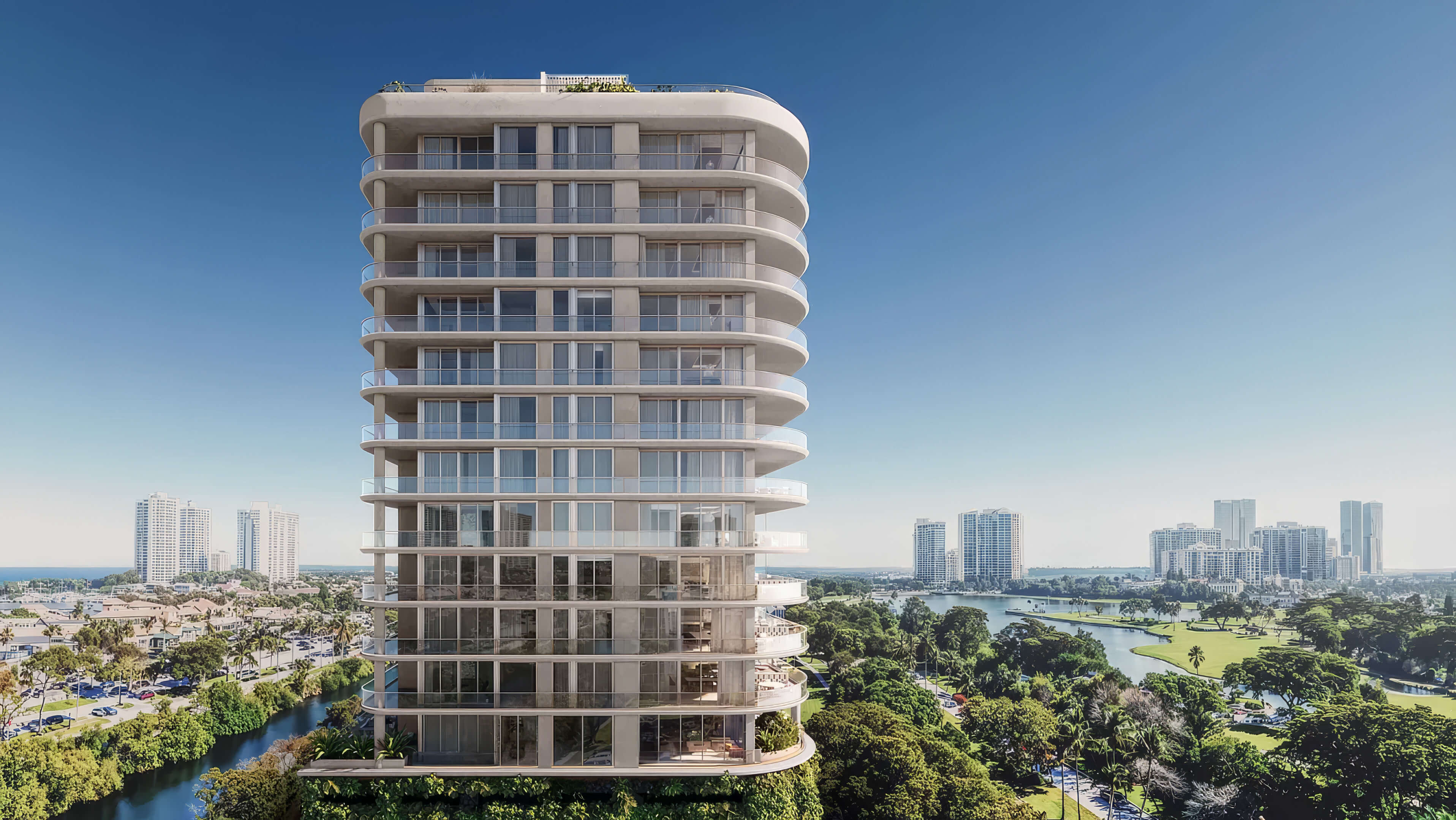 Waterfront residential tower rendering of Avenia by Fendi Casa with curved balconies and skyline views