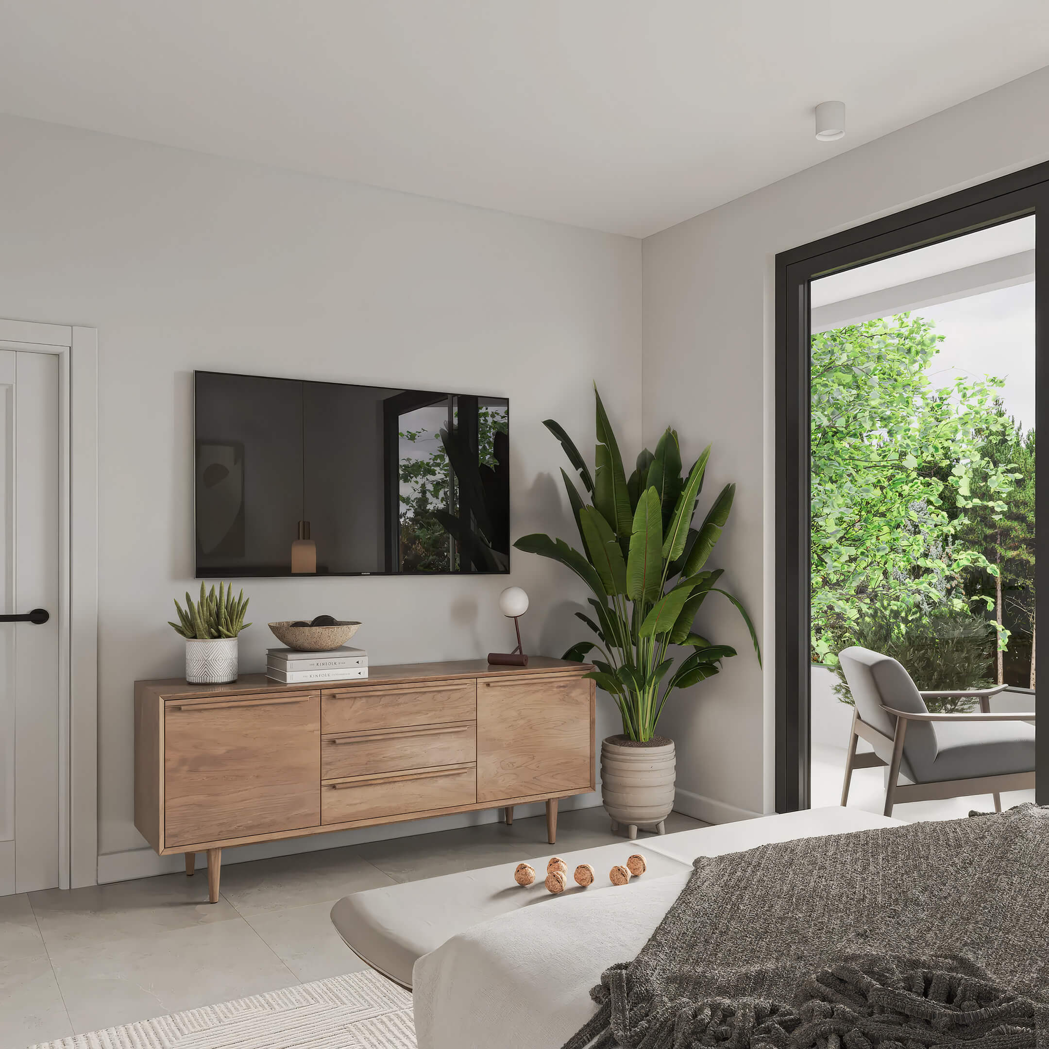 Canal by IQ bedroom with TV wall, wood console, indoor plants and private balcony view