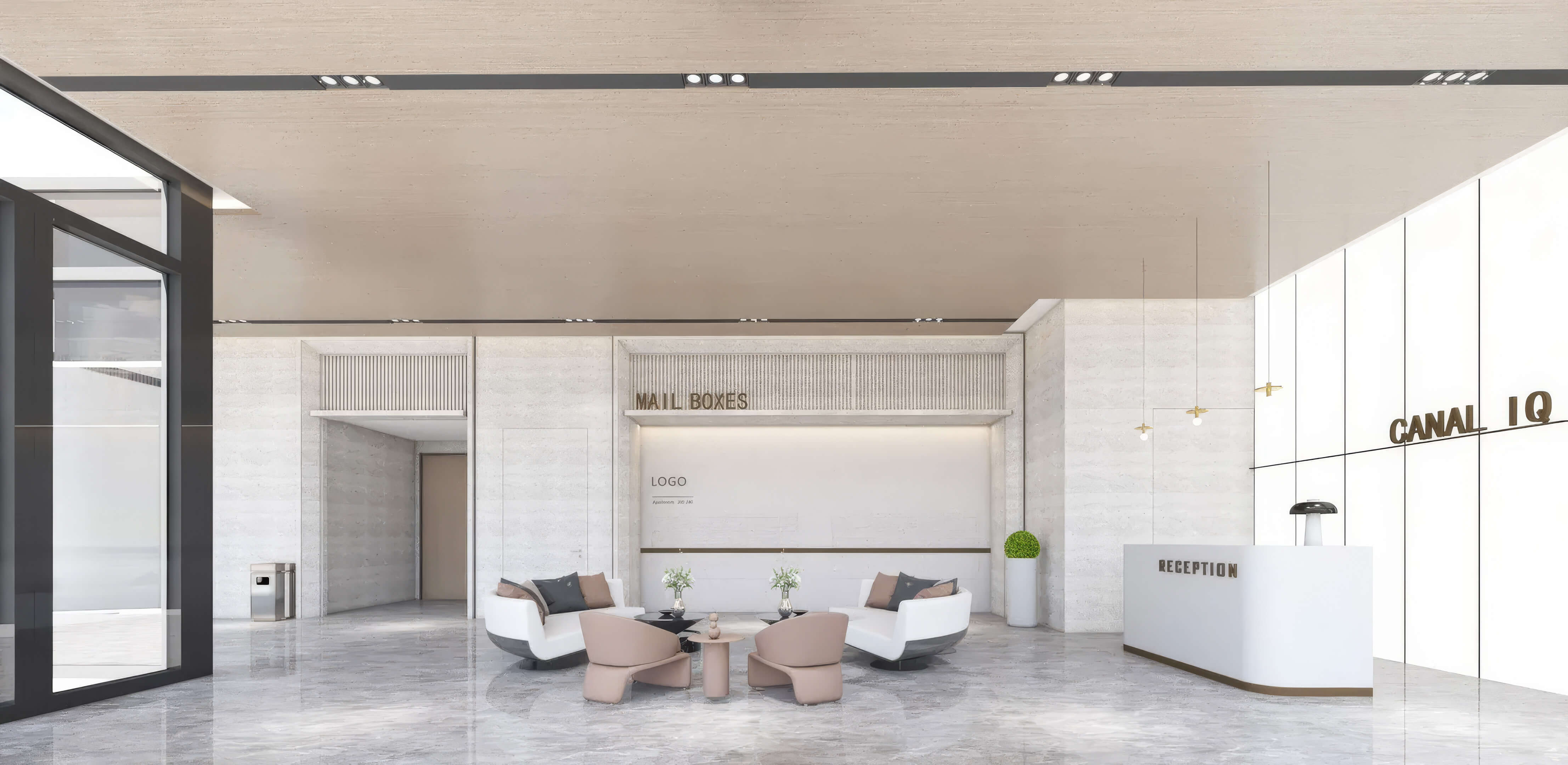 Bright lobby reception at Canal by IQ with marble floors, lounge seating and modern interior design