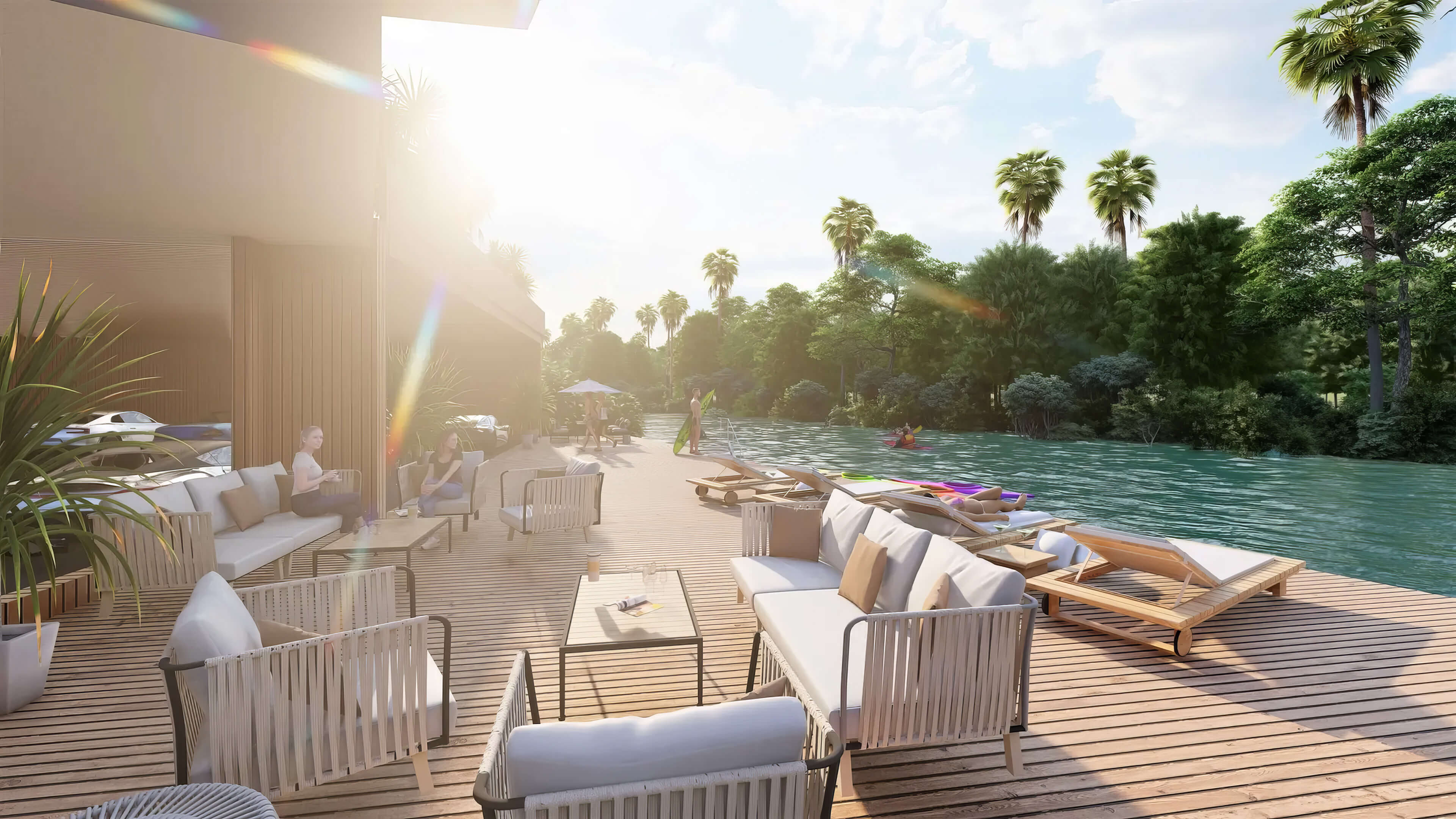 Canal deck lounge at Canal by IQ with outdoor seating, sun loungers and waterfront views
