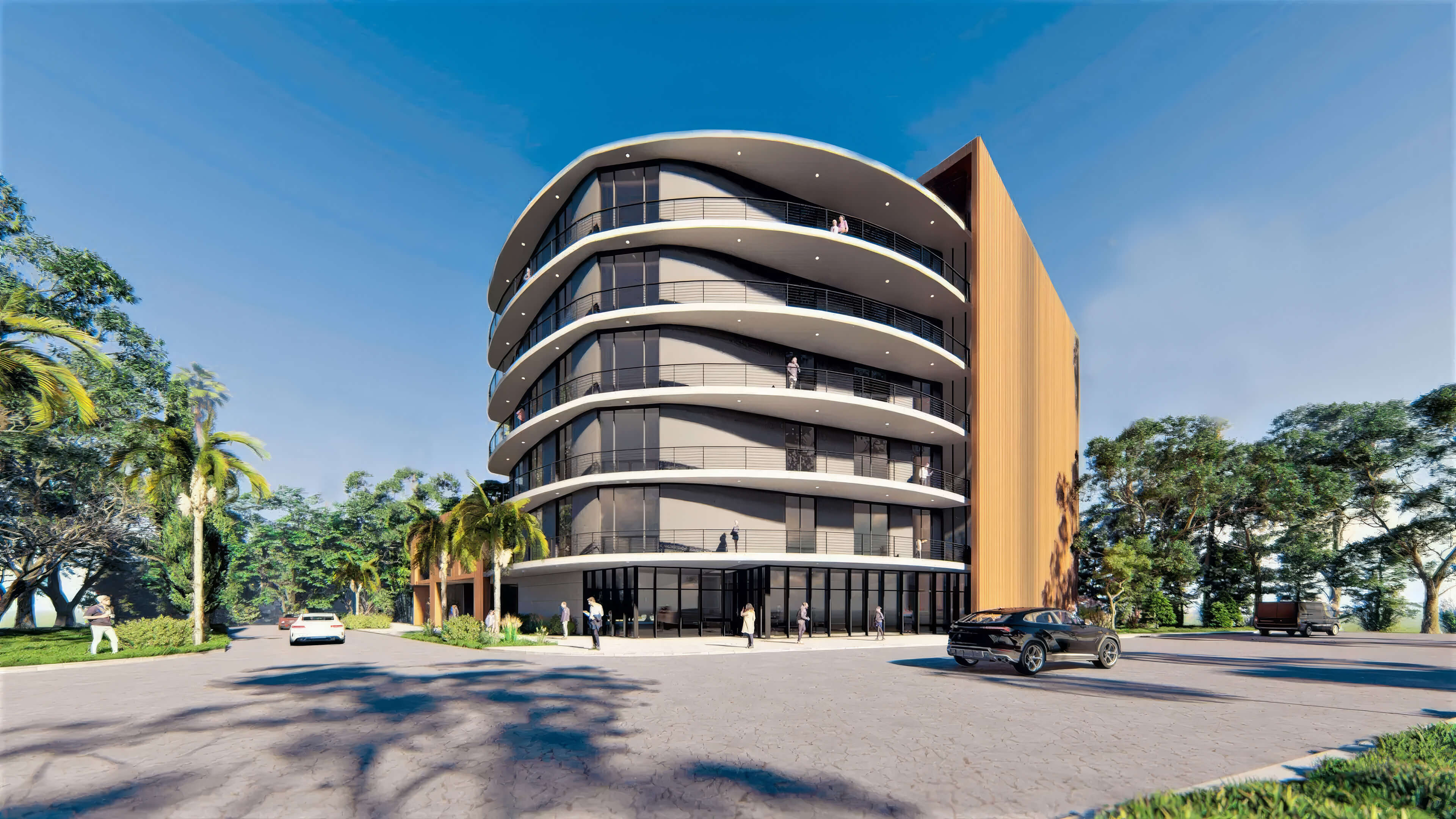 Contemporary building facade of Canal by IQ with curved balconies and tropical Miami landscaping