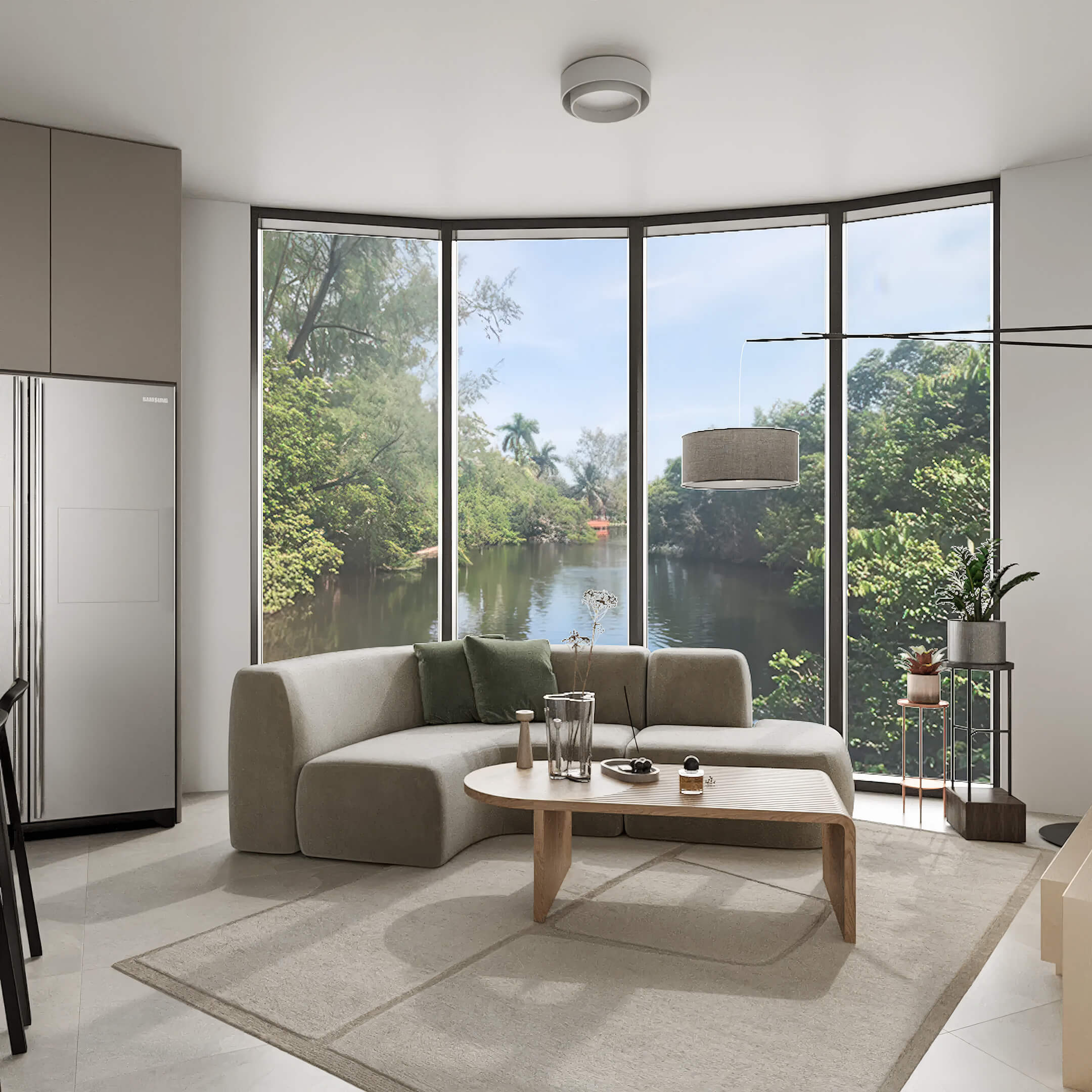 Corner living room at Canal by IQ with waterfront views, large windows and modern interiors