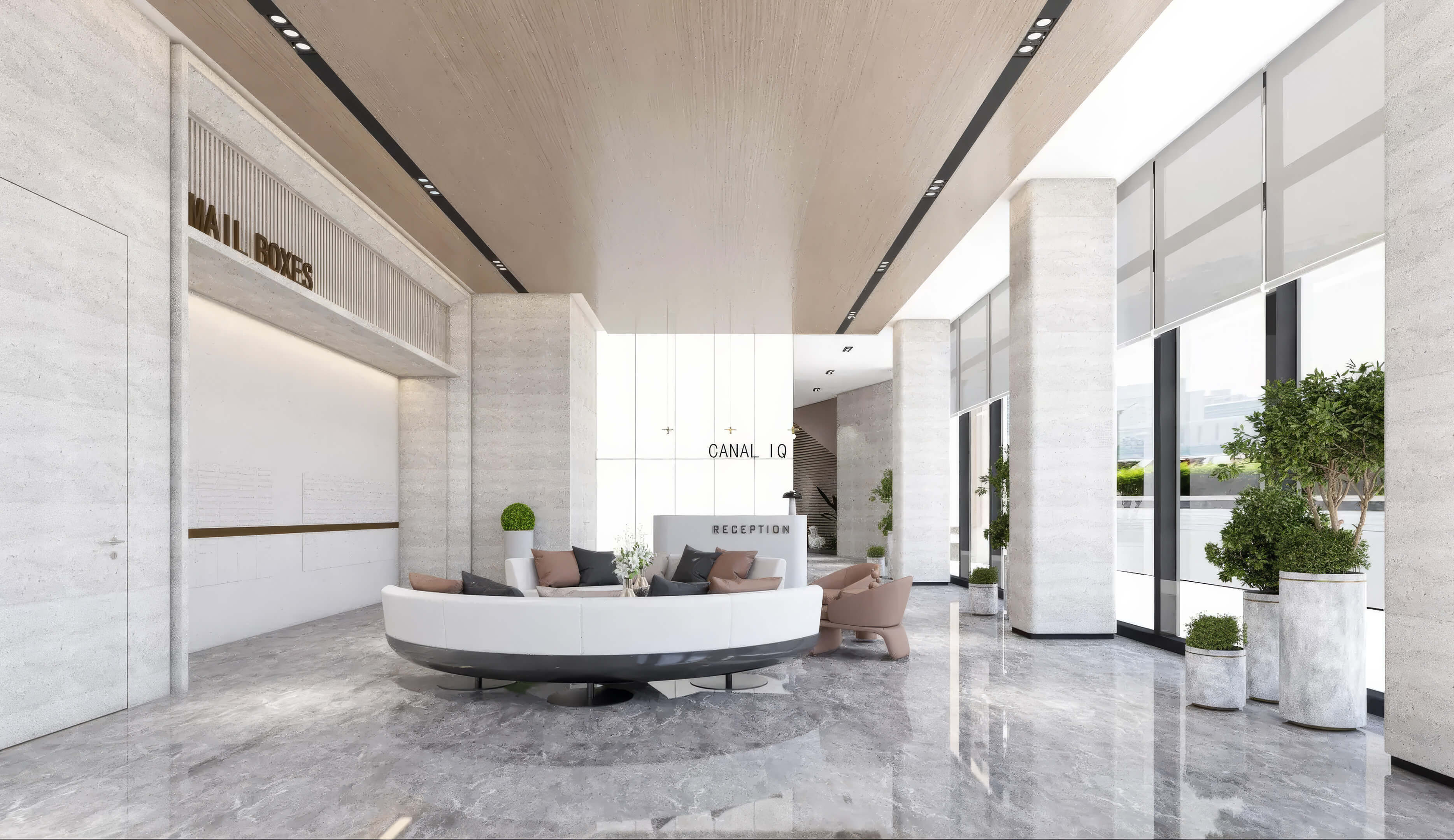 Elegant lobby lounge at Canal by IQ featuring reception desk, marble finishes and indoor greenery