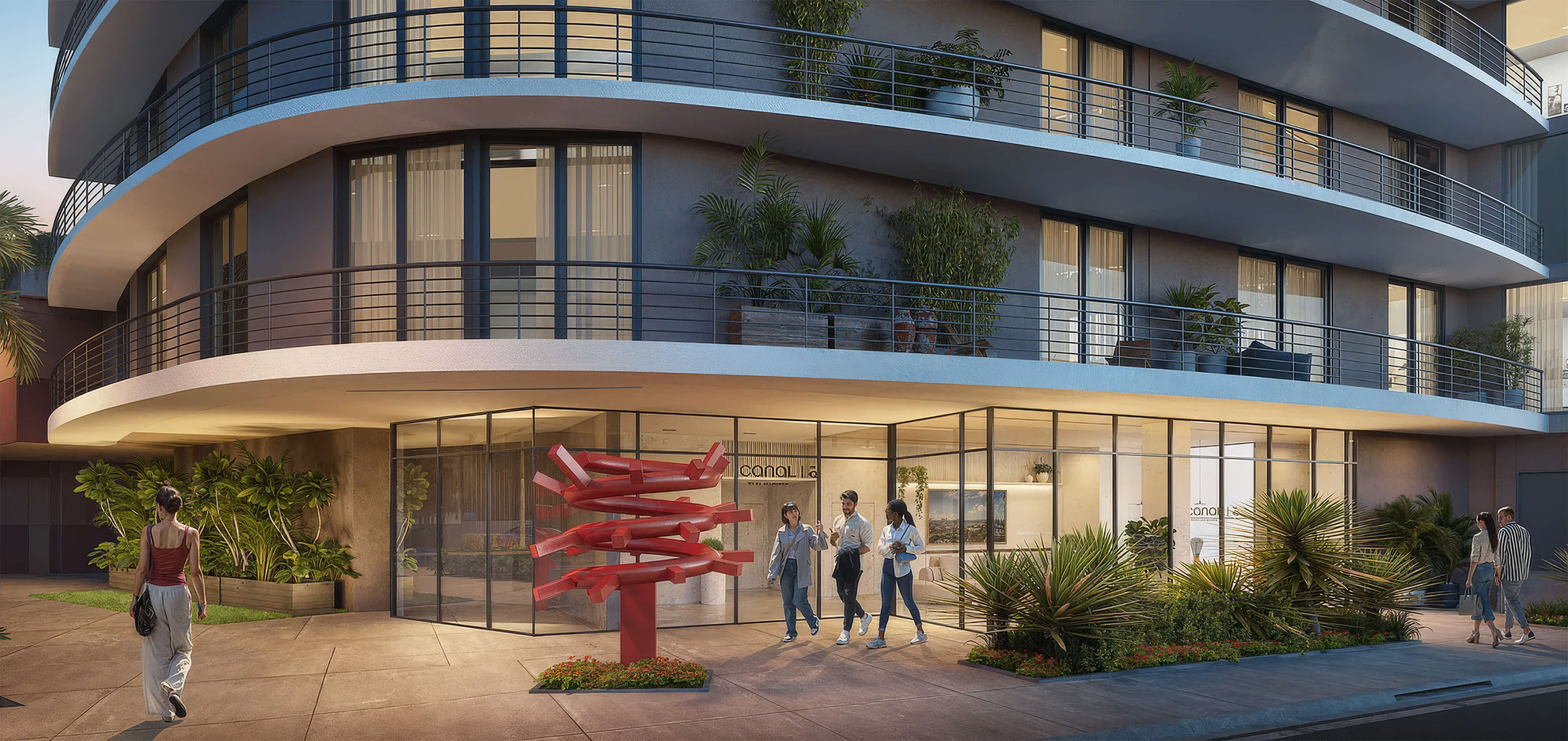 Canal by IQ entrance with modern landscaping, glass lobby frontage and contemporary exterior design
