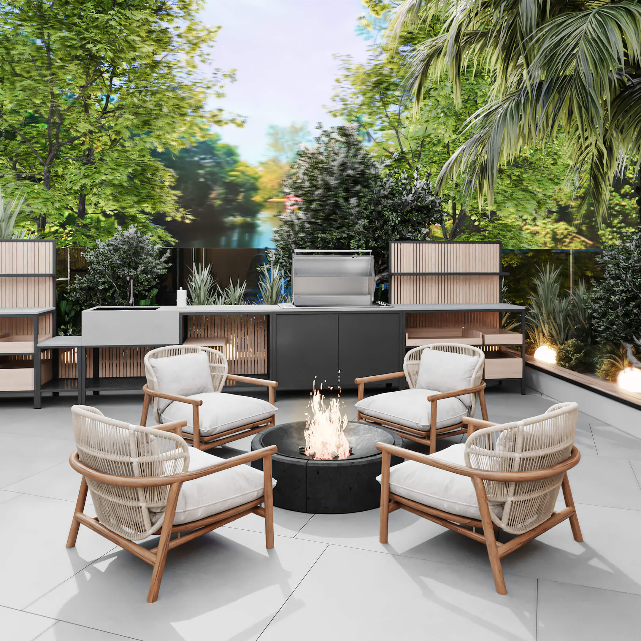 Fire pit lounge at Canal by IQ with outdoor seating, summer kitchen and lush tropical landscaping