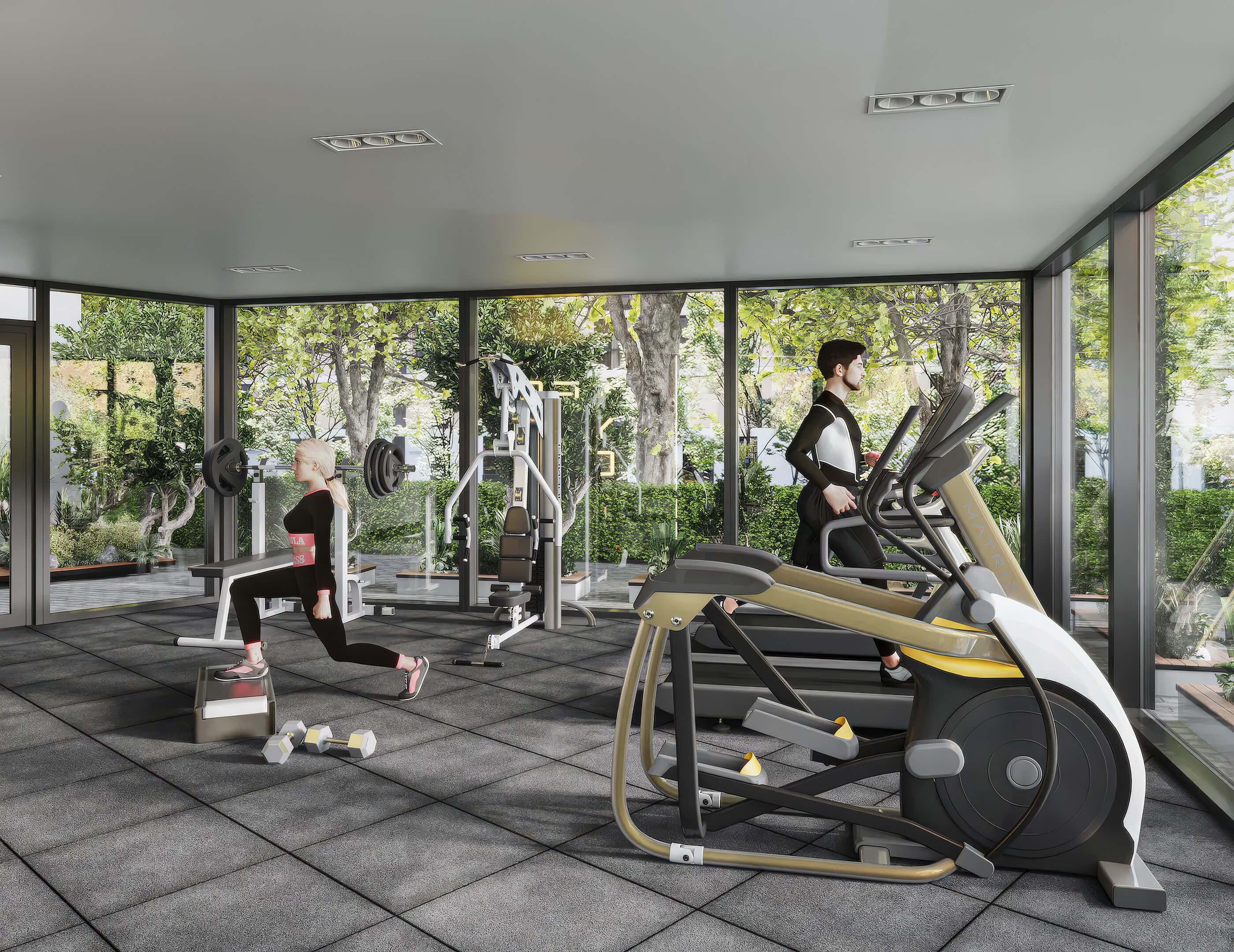 Gym at Canal by IQ with cardio equipment, strength training area and garden views