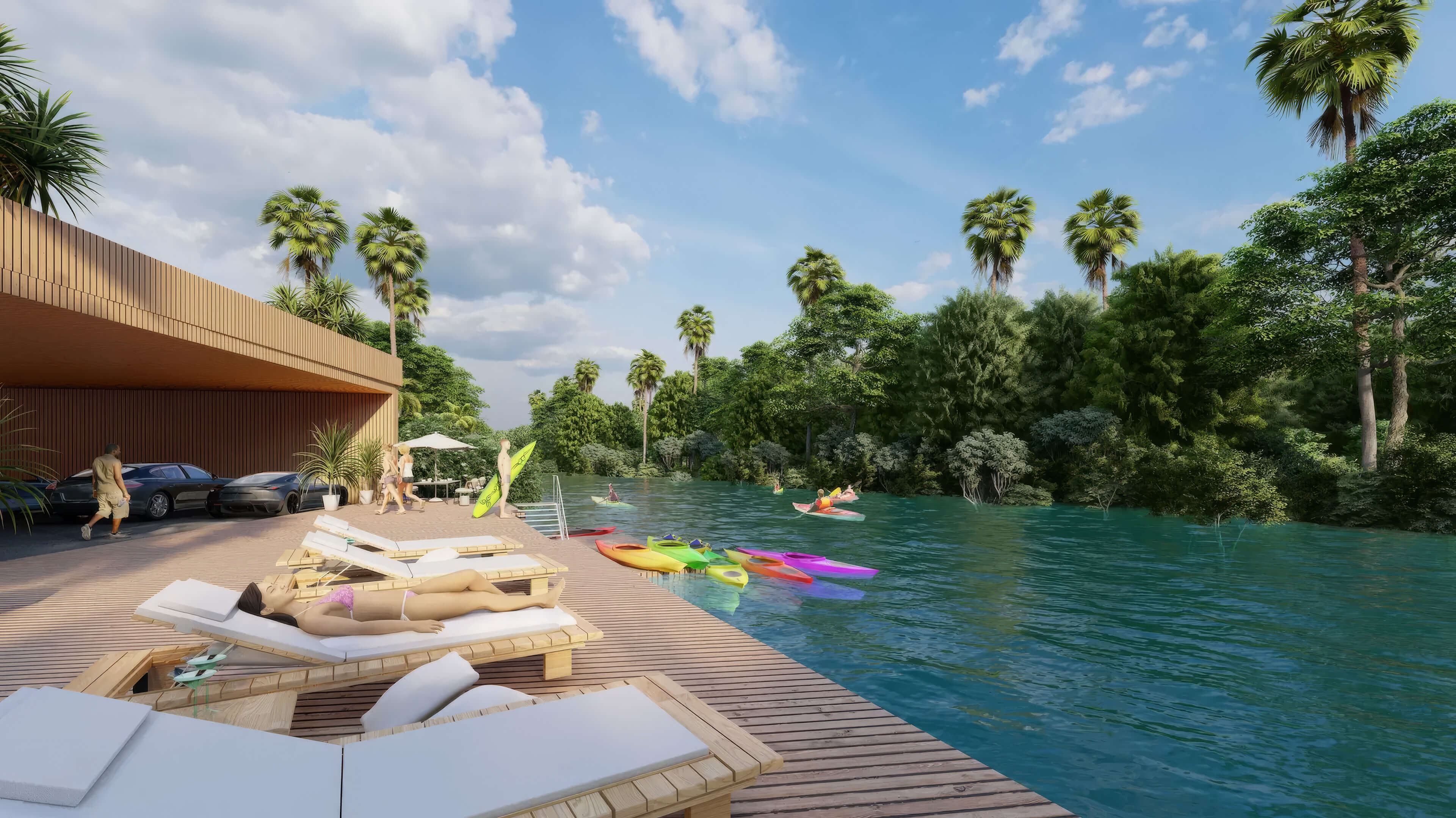 Kayak launch deck at Canal by IQ with sun loungers, colorful kayaks and canal access