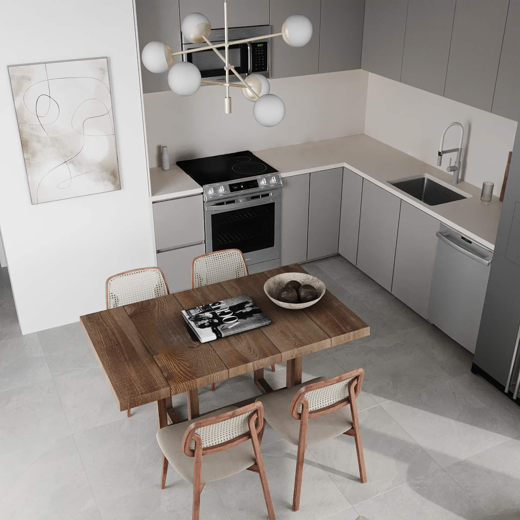 Kitchen and dining interior at Canal by IQ with white countertops, wood table and modern appliances