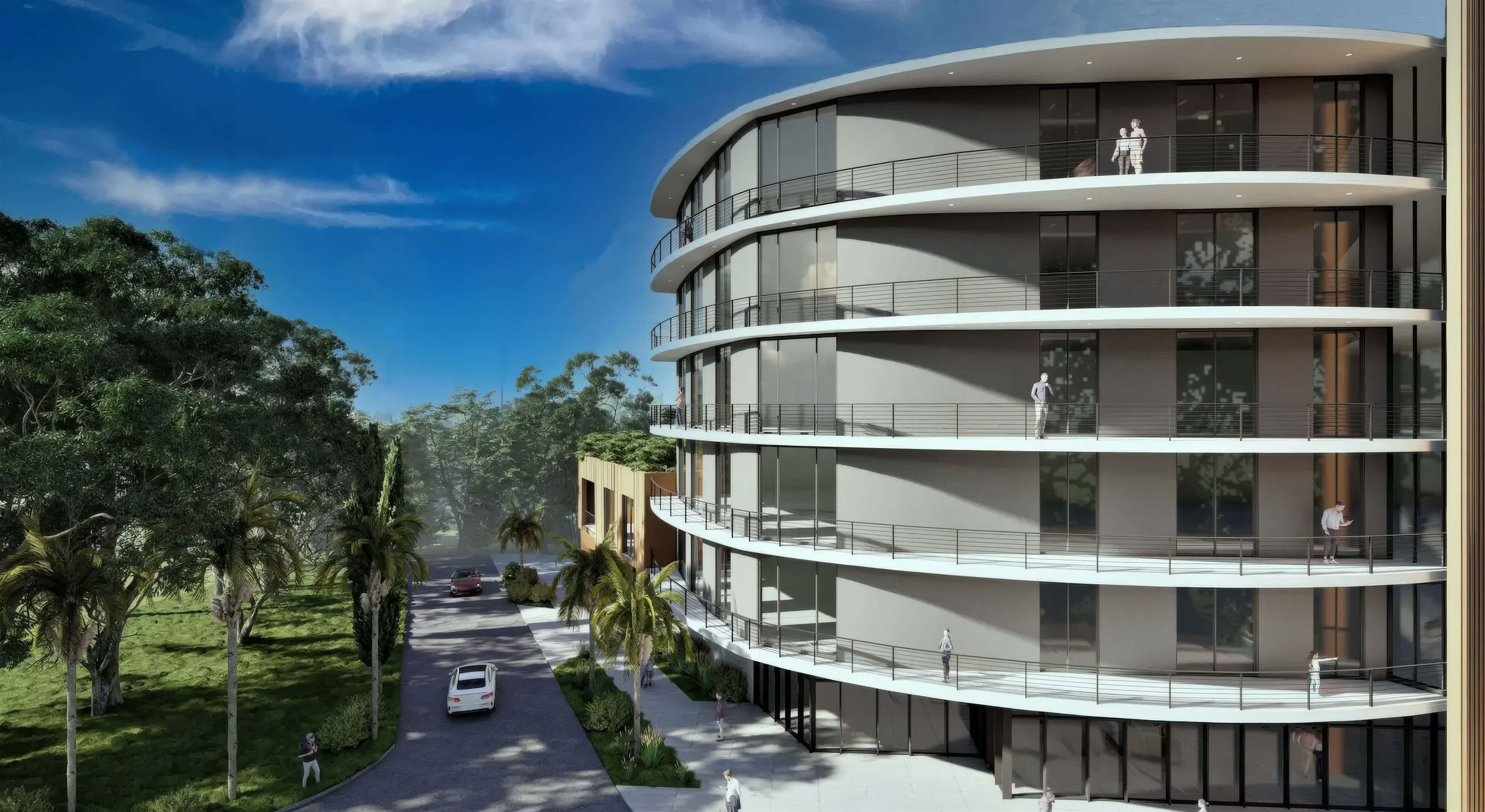 Luxury balcony architecture view at Canal by IQ with glass windows and modern curved design