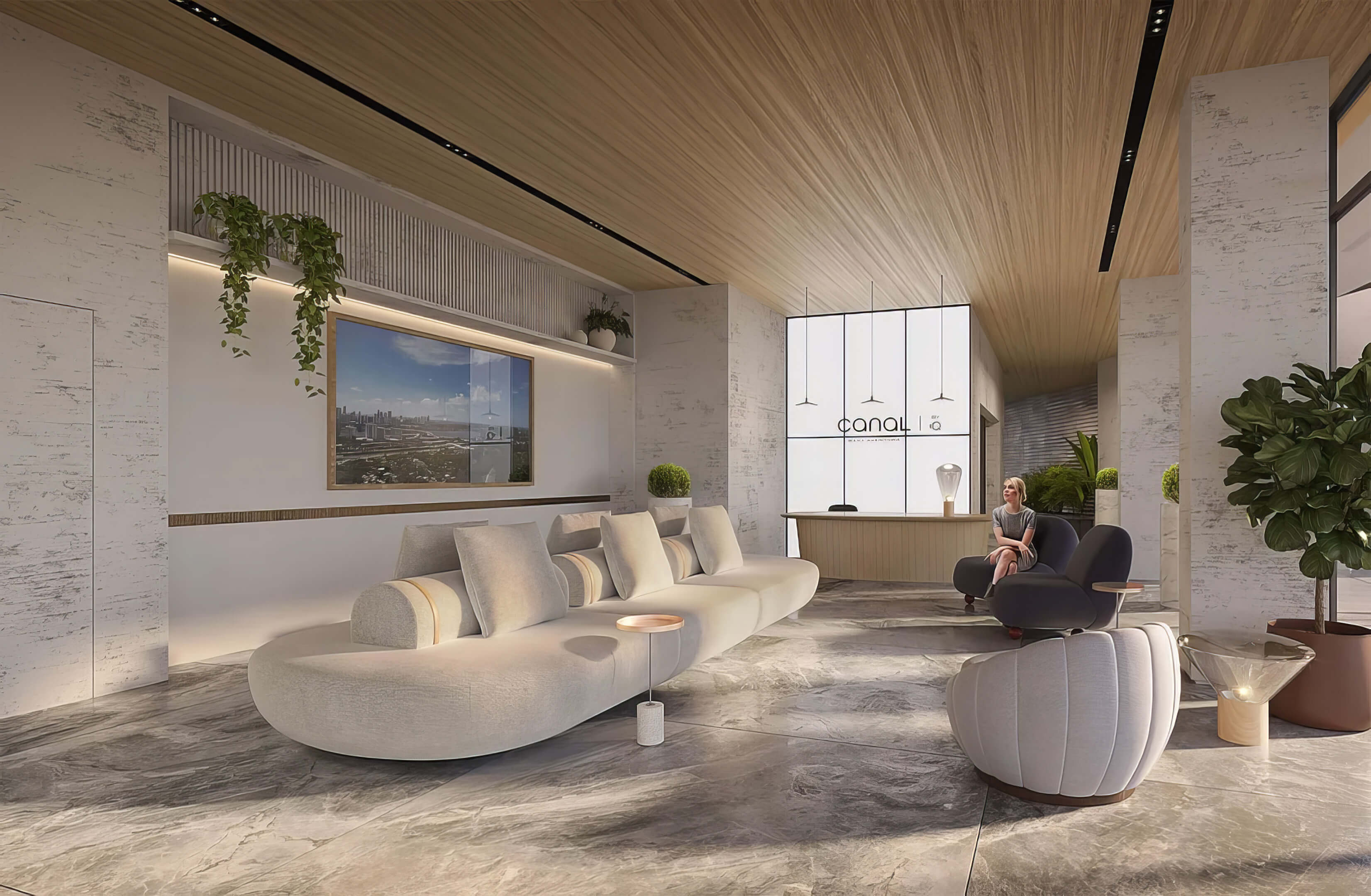 Luxury interior lounge at Canal by IQ with modern seating, wood ceiling and refined reception area