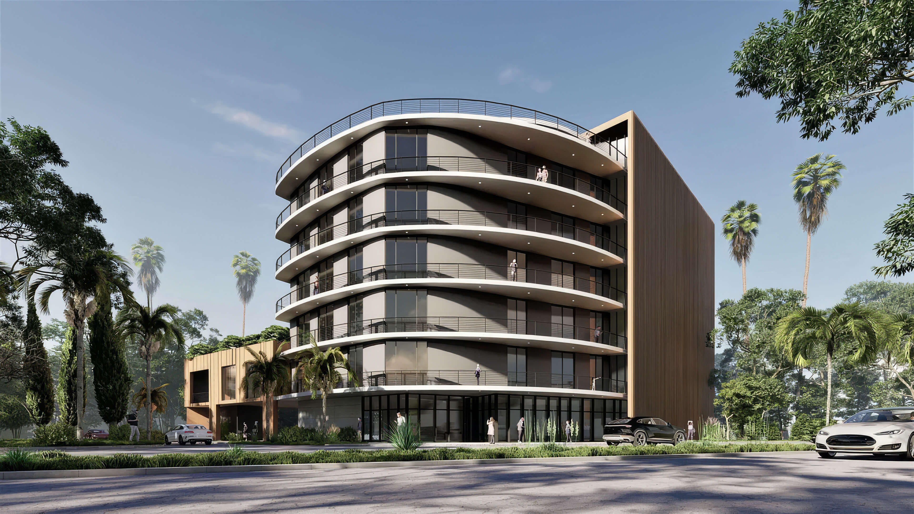 Modern curved residential exterior of Canal by IQ with contemporary balconies and tropical landscaping