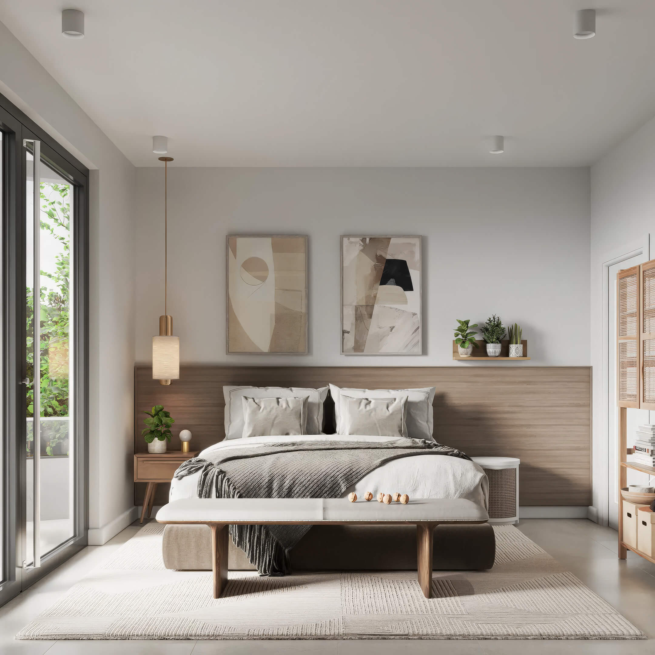 Primary bedroom suite at Canal by IQ with elegant neutral decor, wood accents and balcony access