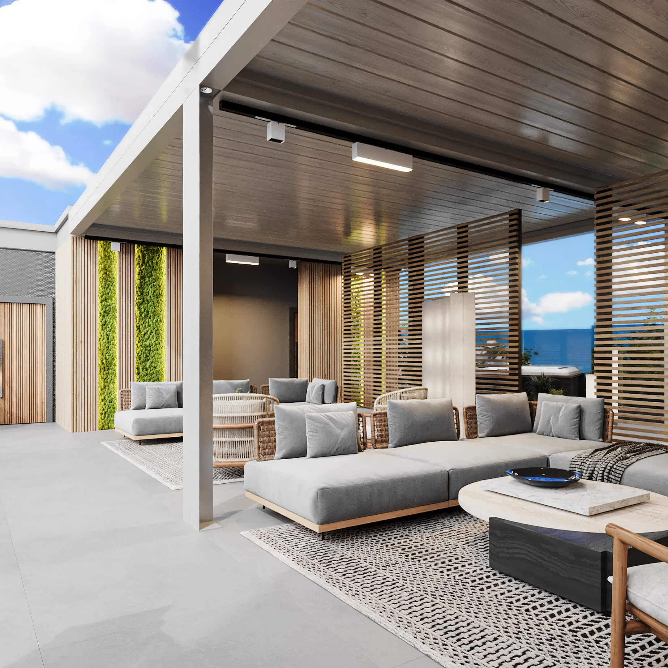 Rooftop lounge terrace at Canal by IQ with outdoor seating, wood accents and ocean views