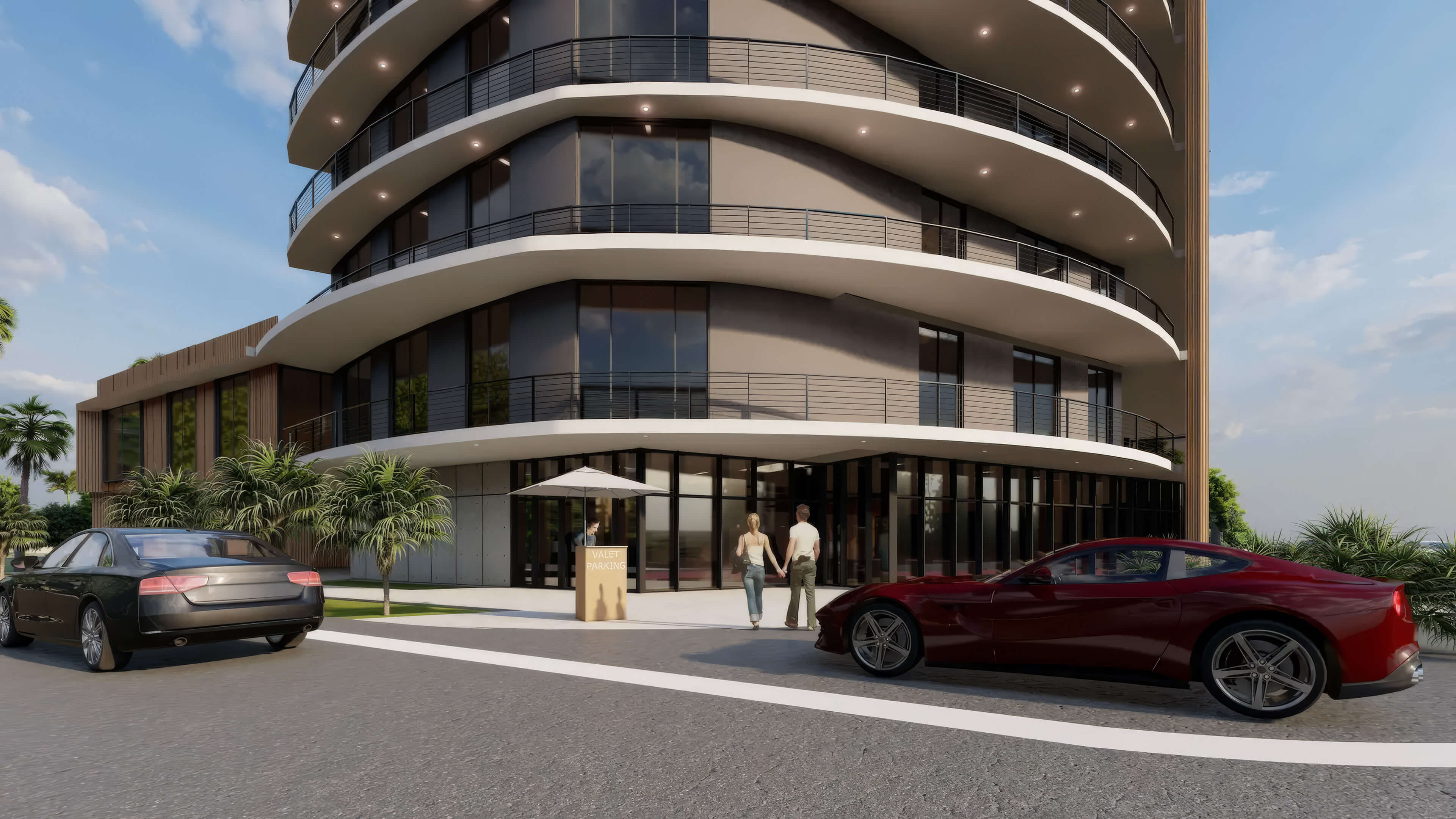 Valet parking entrance at Canal by IQ with luxury cars and modern residential architecture