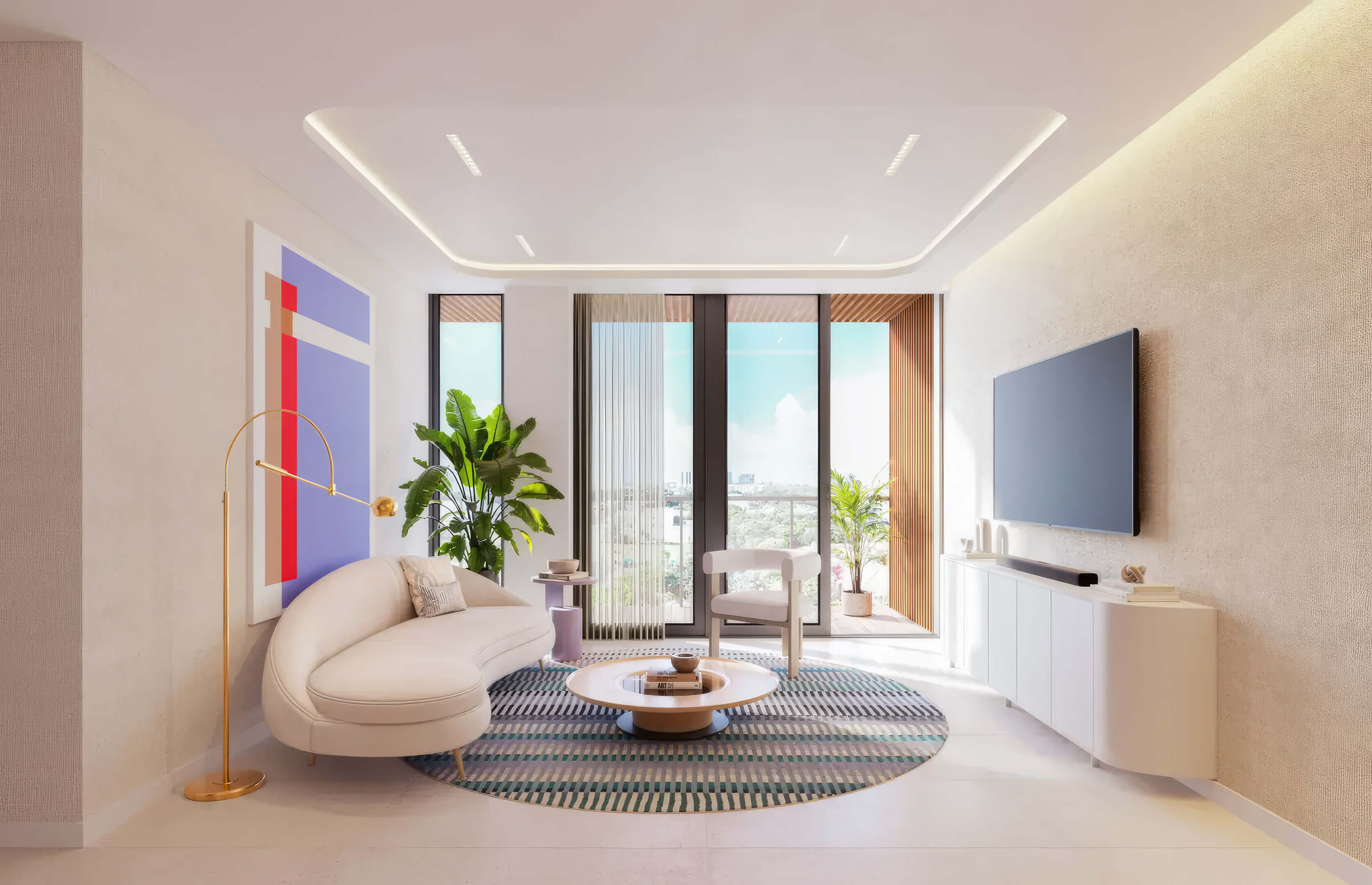 Bright living room at EDEN Residences in Aventura with balcony views and contemporary decor