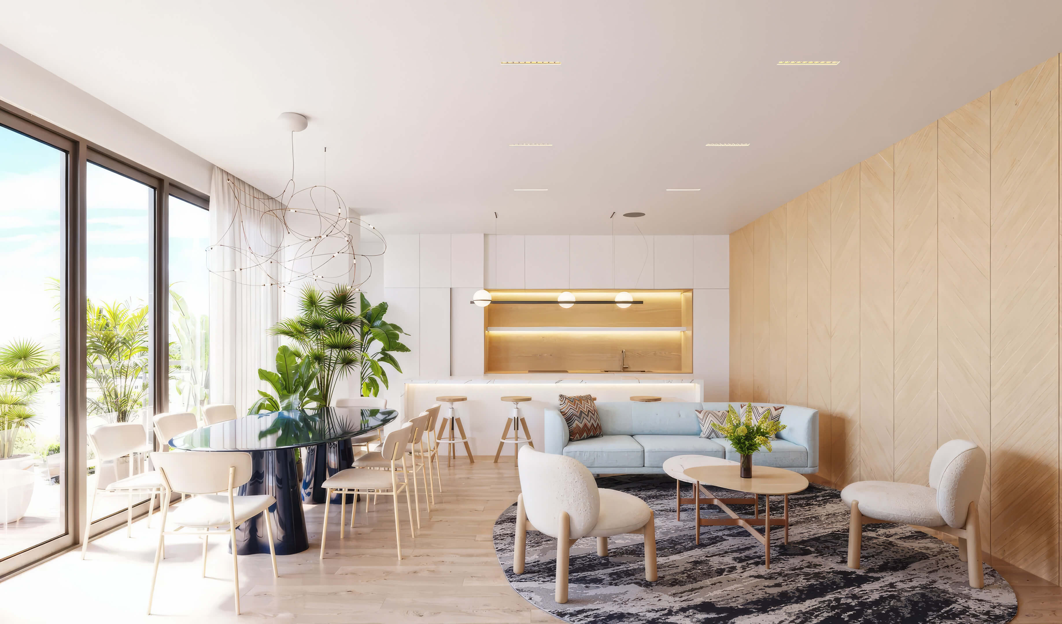 Resident lounge at EDEN Residences in Aventura with dining area, sofa seating and wood accent wall