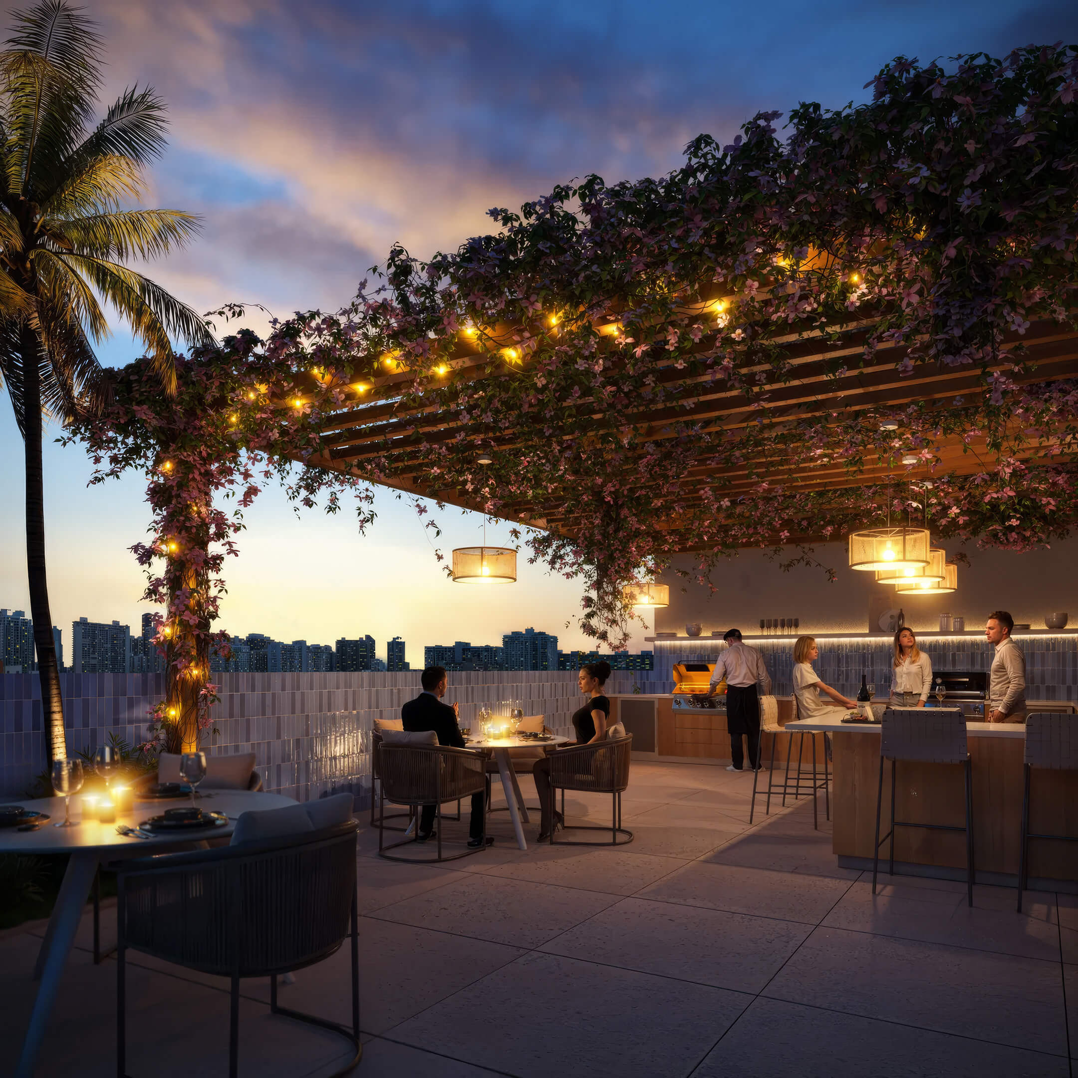Rooftop dining at EDEN Residences in Aventura with pergola, city views and evening outdoor kitchen