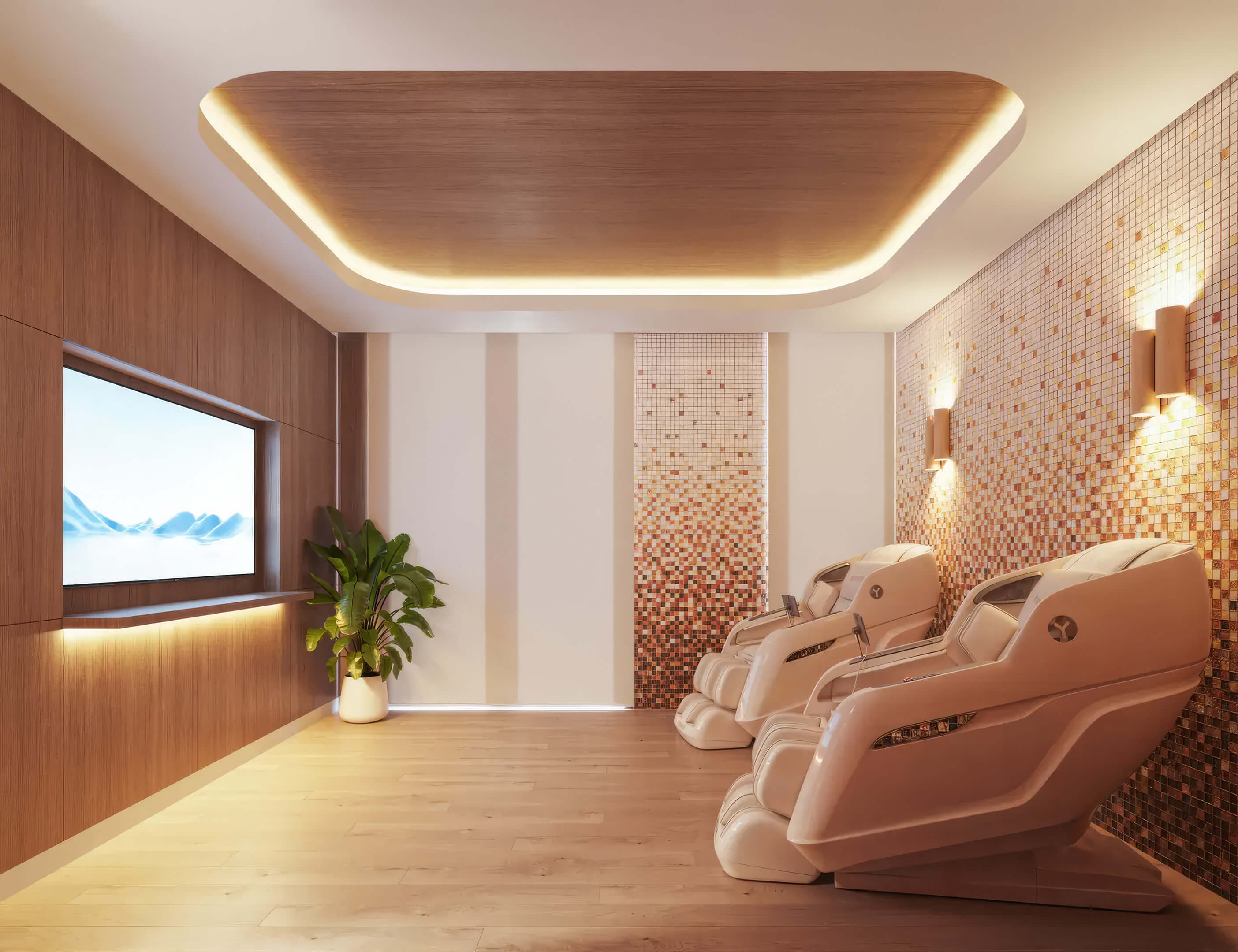 Wellness massage room at EDEN Residences in Aventura with relaxation chairs, TV and warm wood finishes
